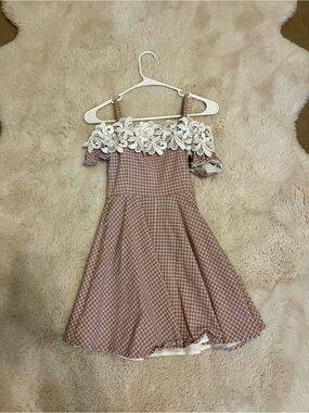 Girls Off-Shoulder Check Dress with Lace Yoke - Cream and Pink